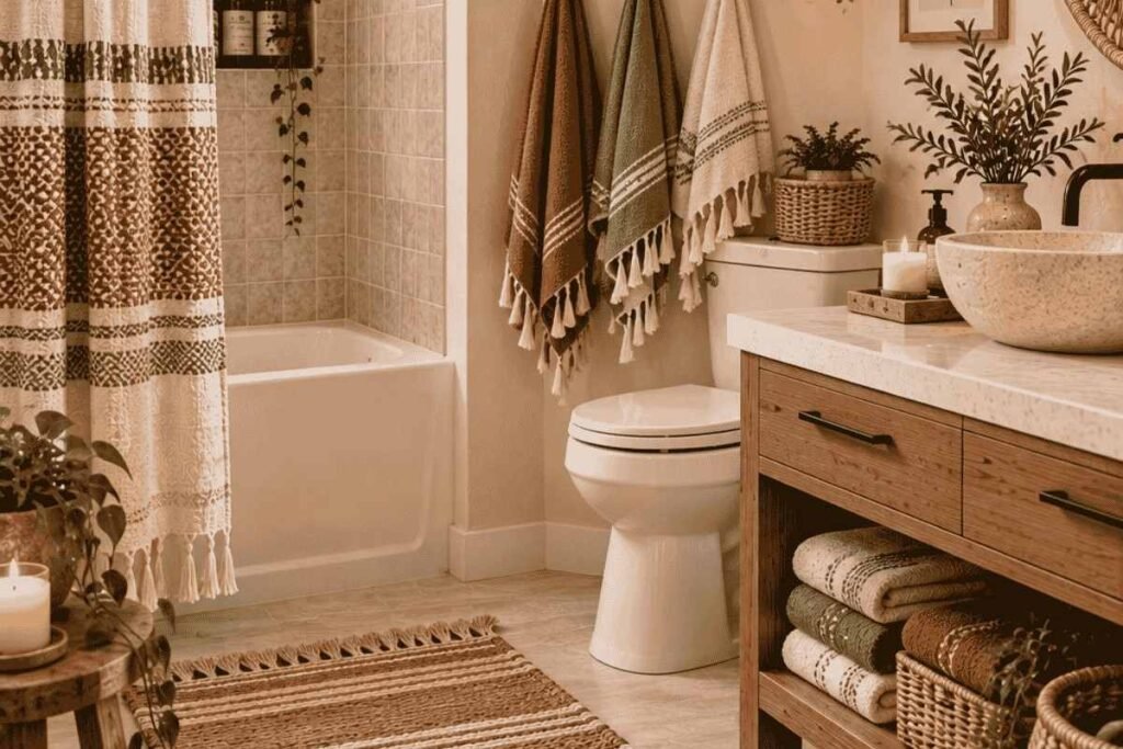 Add Natural Textiles in the boho bathroom