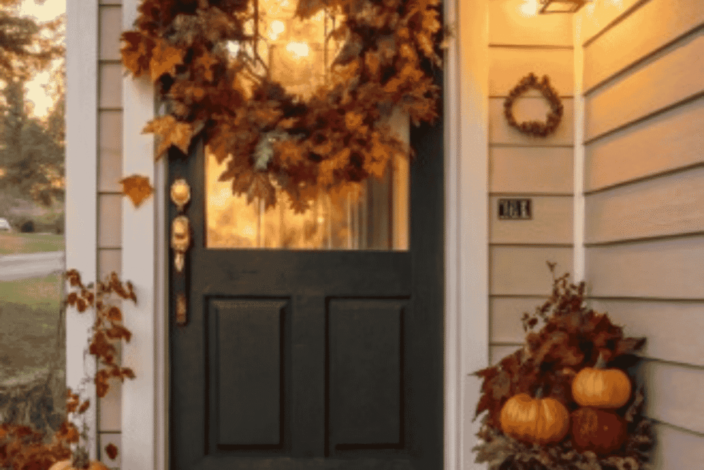 Beautiful fall front door decorated with a seasonal wreath, pumpkins, and mums