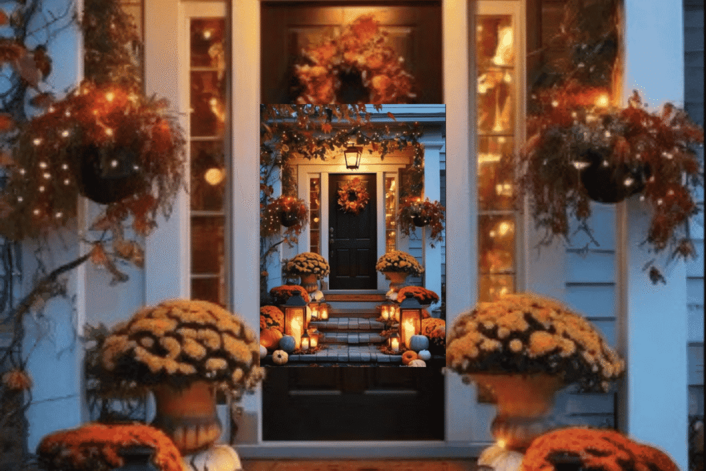 Cozy fall front entrance with pumpkins, mums, and glowing lanterns