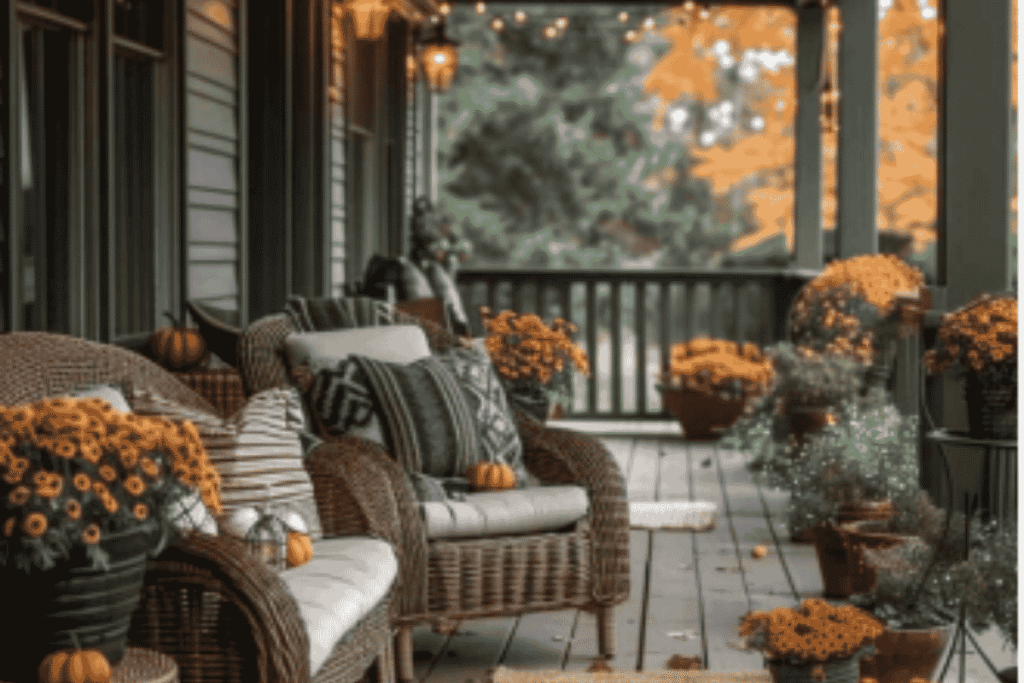 Cozy fall front porch with wooden bench, pumpkins, and seasonal flowers