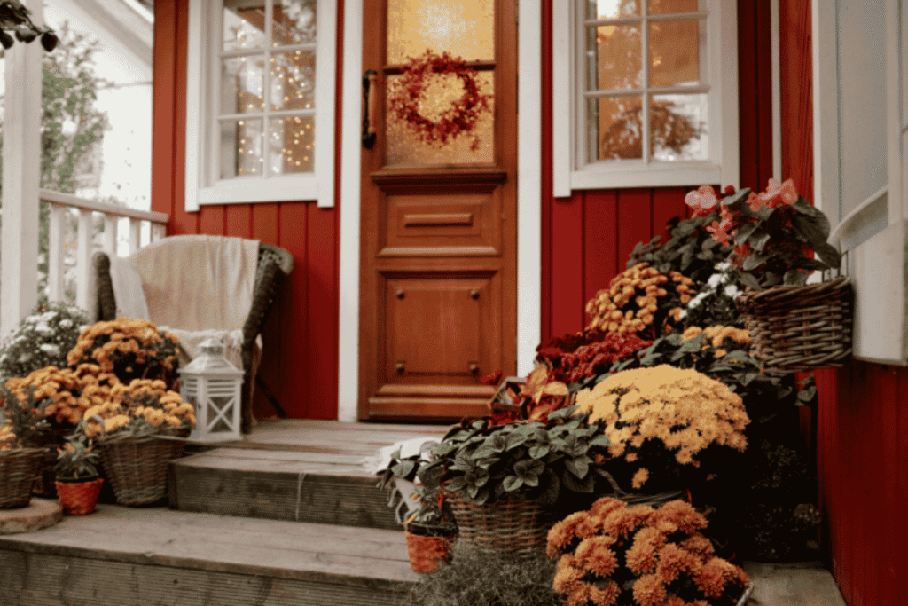 Fall flower basket with mums decorating an American front porch