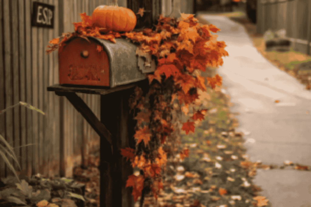 Fall mailbox decorated with pumpkins and seasonal flowers