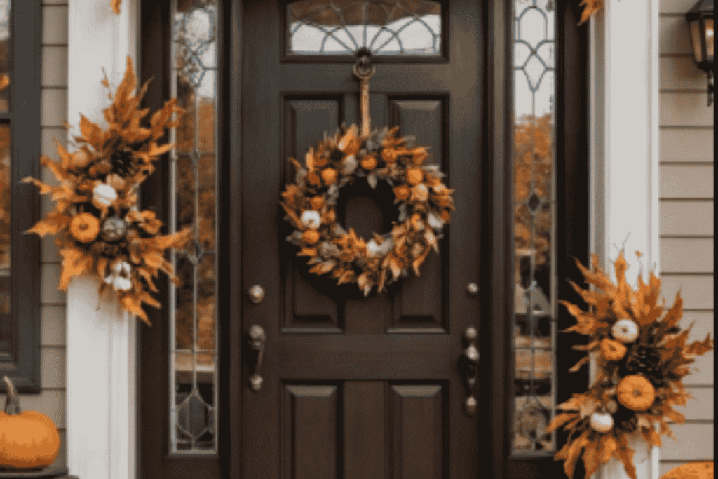 Front door framed with autumn garland, pumpkins, and seasonal decor