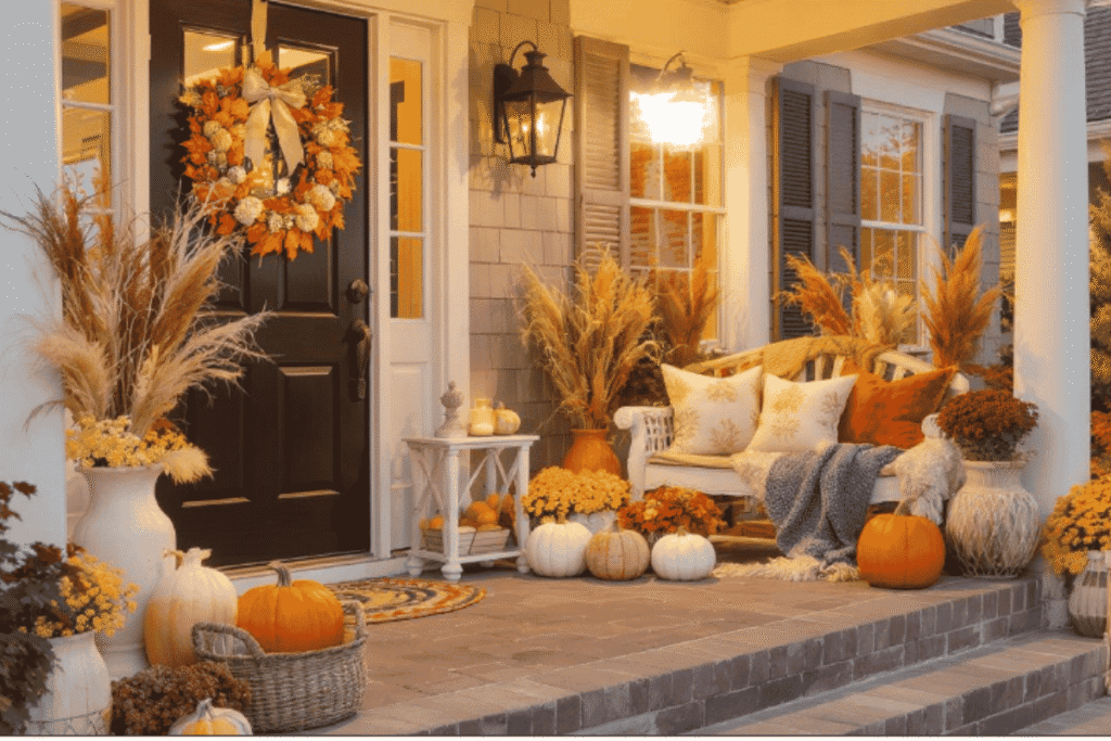 Layered fall front porch decorated with pumpkins, baskets, and flowers