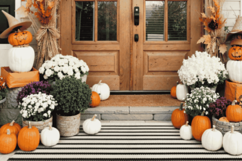 Layered outdoor rug and fall doormat at a cozy front entrance