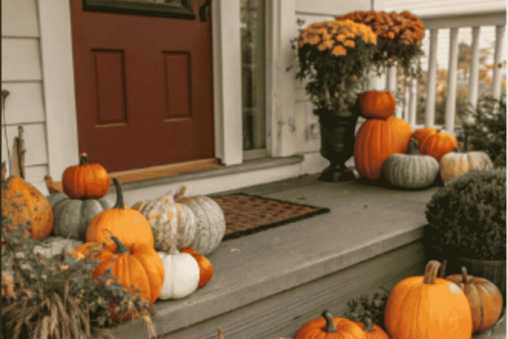 Mixed orange, white, and green pumpkins decorating a fall front porch