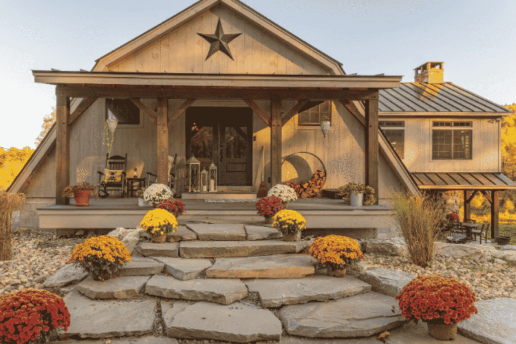Rustic farmhouse fall front porch with pumpkins, mums, and wooden decor