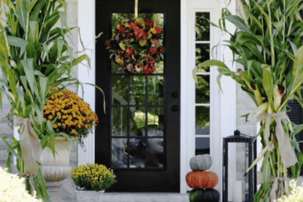 Tall fall plants and pumpkins decorating an American front entrance
