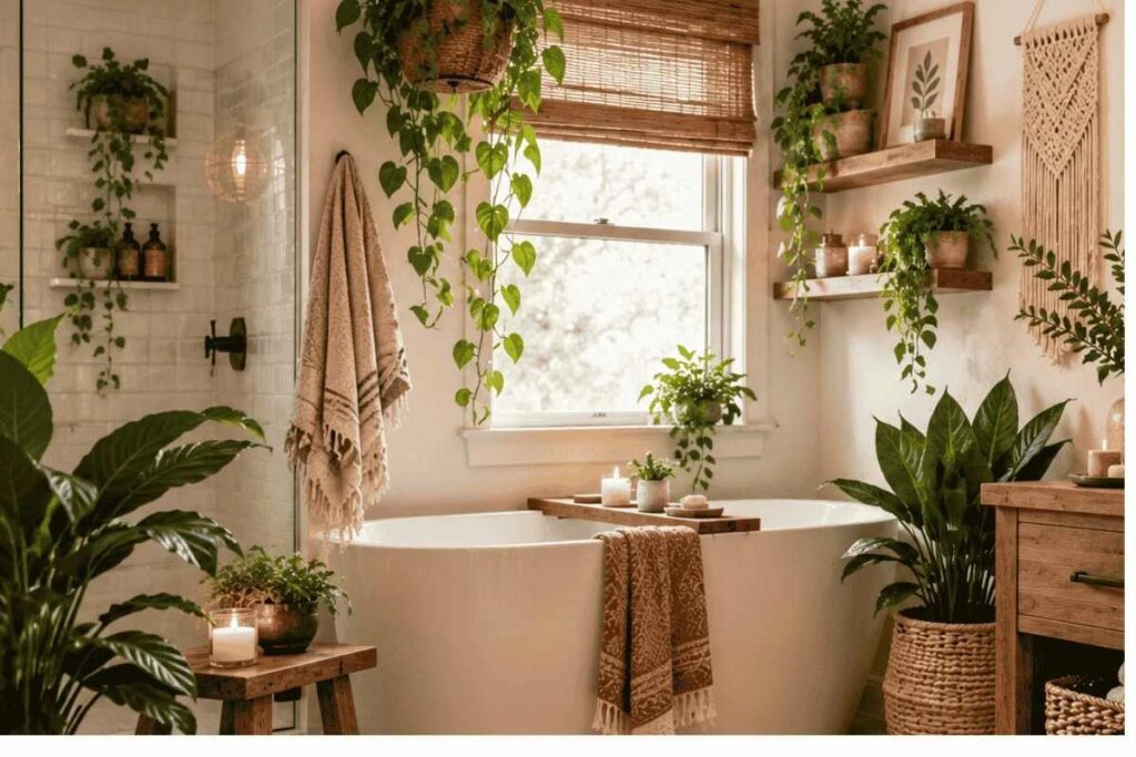 Bring plenty of greenary in boho bathroom