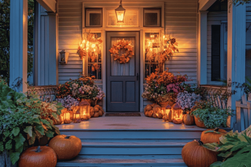 Warmly illuminated fall front porch with pumpkins and lanterns