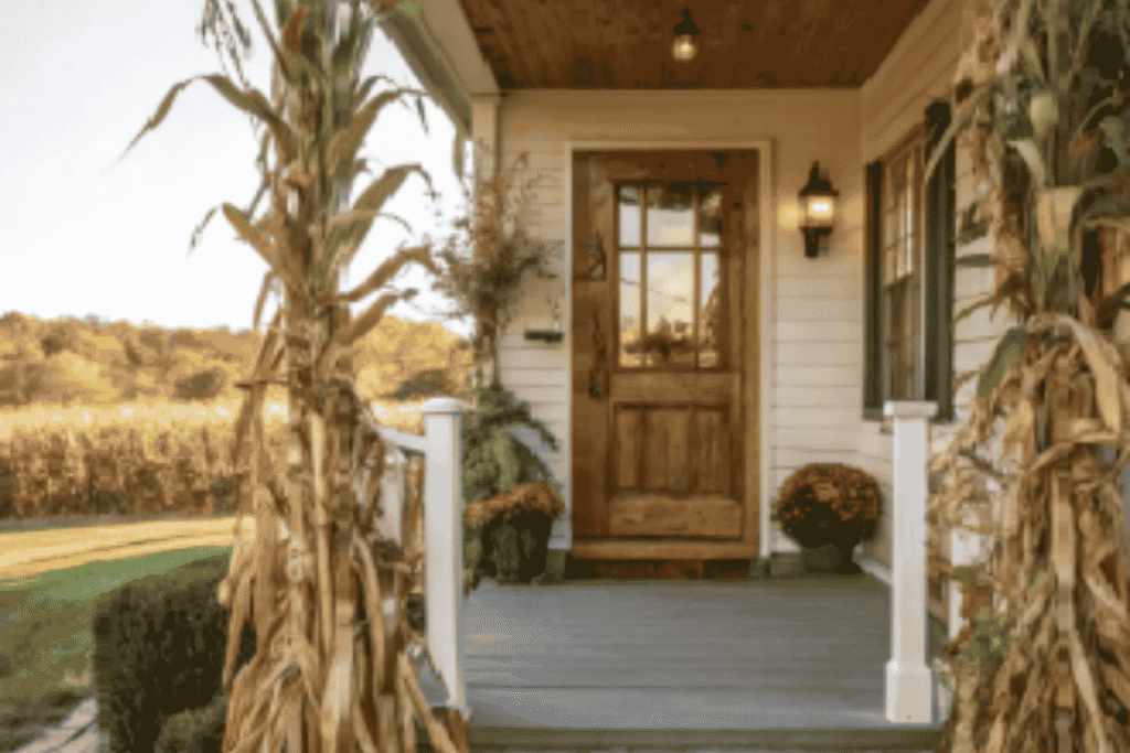 corn stalks, pumpkins, and mums decorating a classic fall front porch