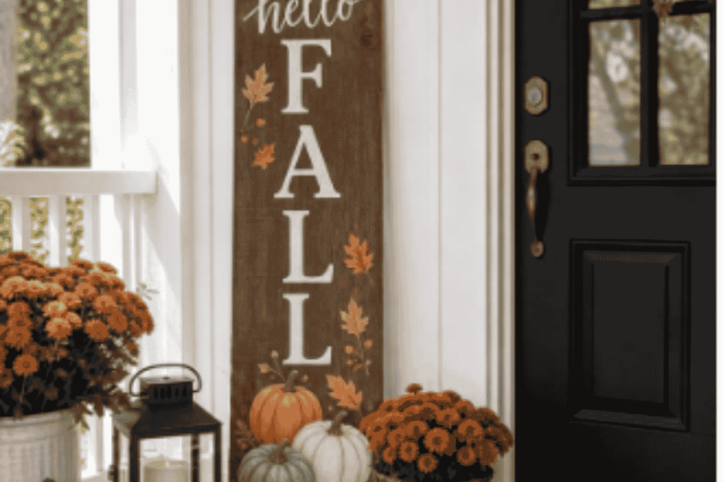 Warm wood and fall pumpkin decor on an American front porch