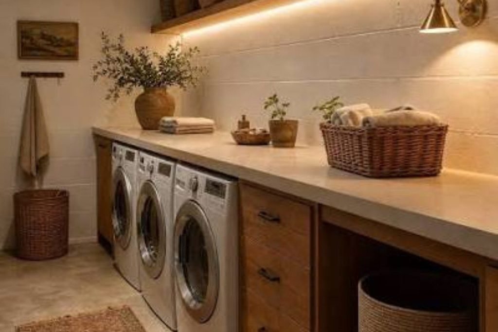 Bright basement laundry room with stacked washer and dryer