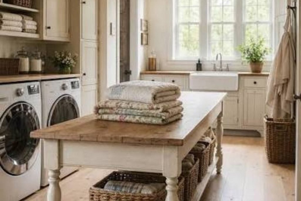Fold-down wooden laundry table in a tiny laundry room