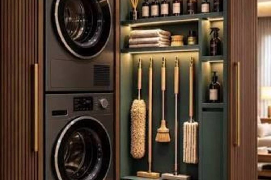 Laundry closet with over-the-door organizer and cleaning supplies
