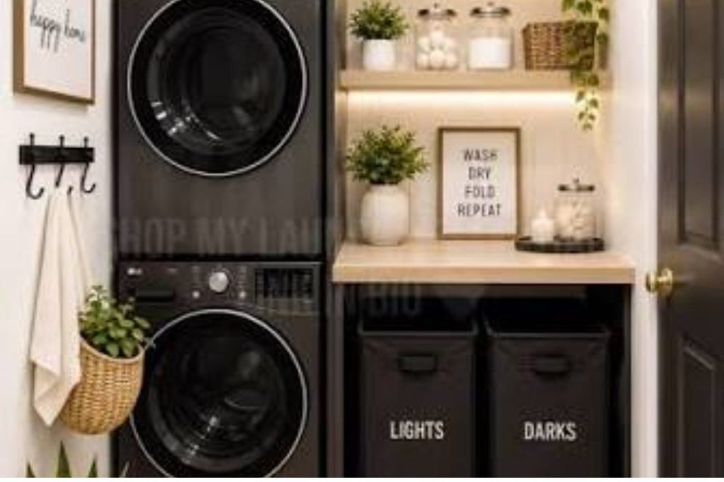 Tall slim cabinet beside stacked washer and dryer