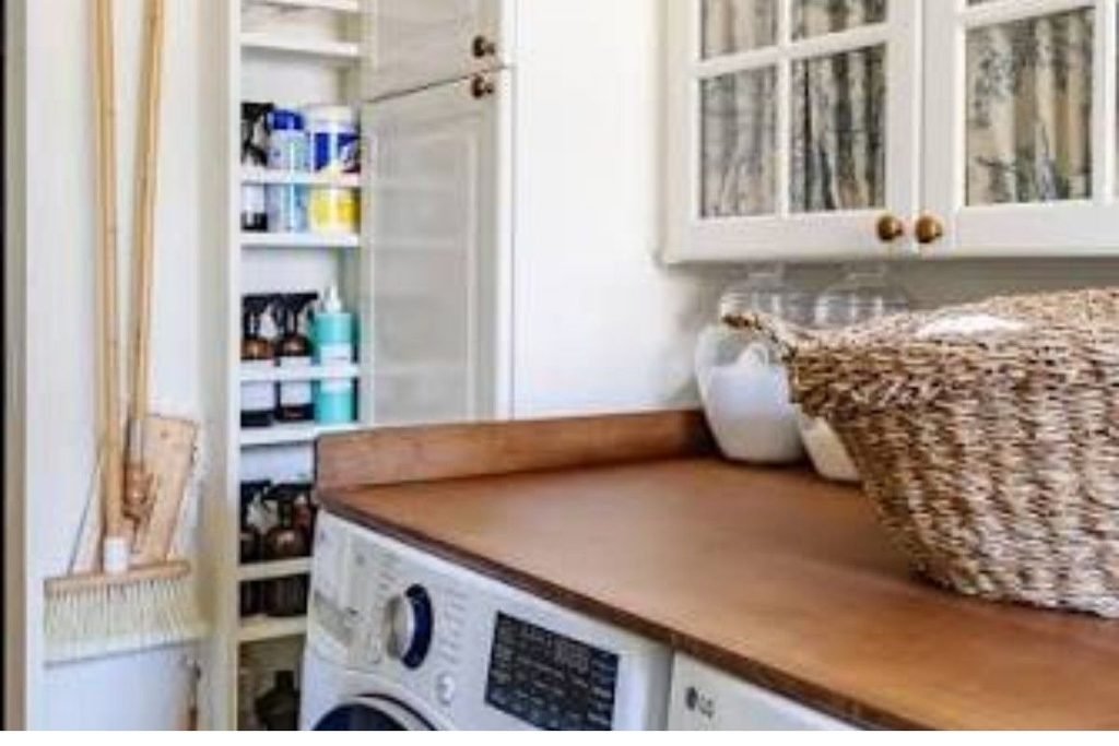 Three-tier laundry organizer for a narrow apartment laundry closet