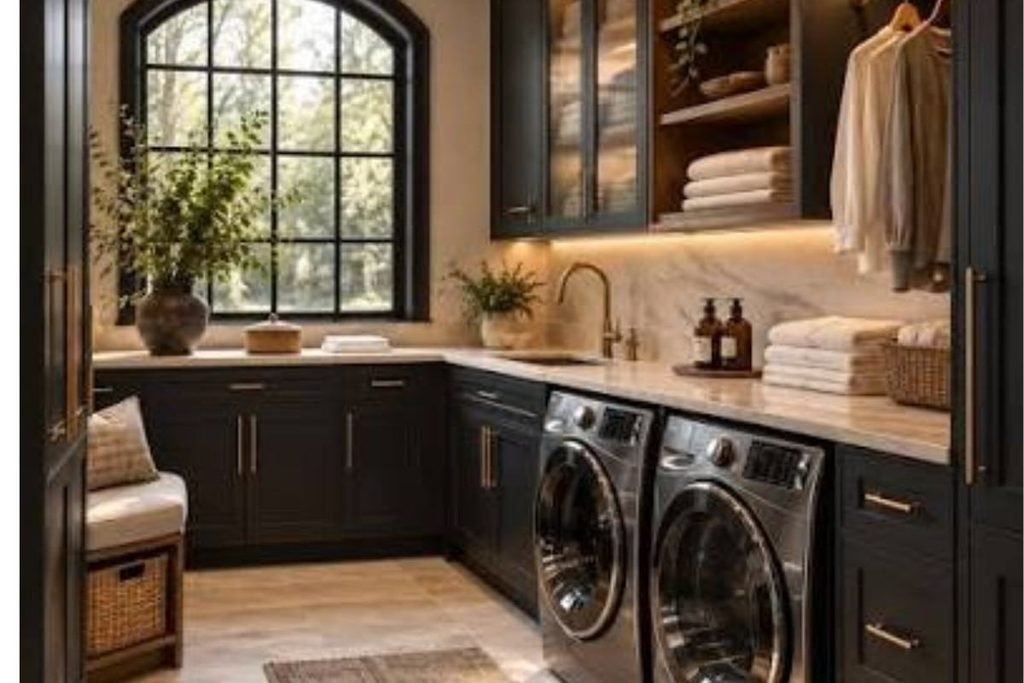 White laundry closet with natural wood accents and black hardware